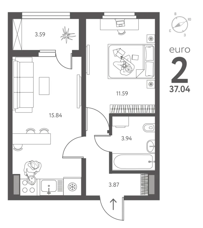 1-комн. 37 м²