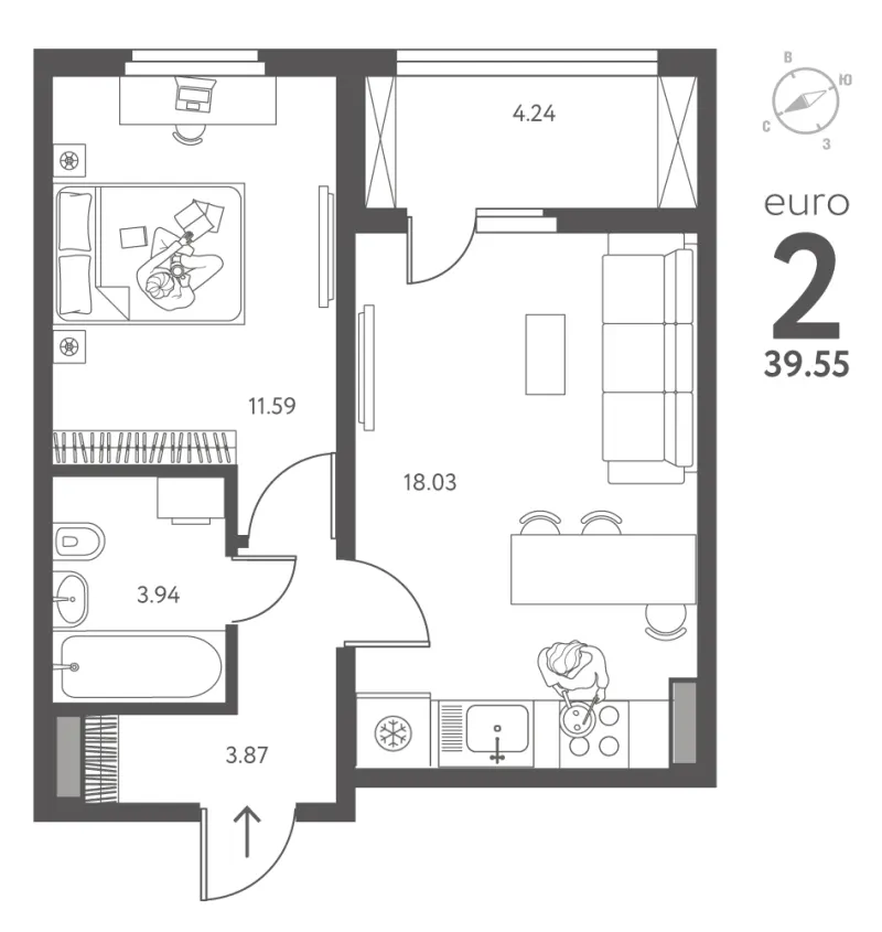 1-комн. 39.6 м²