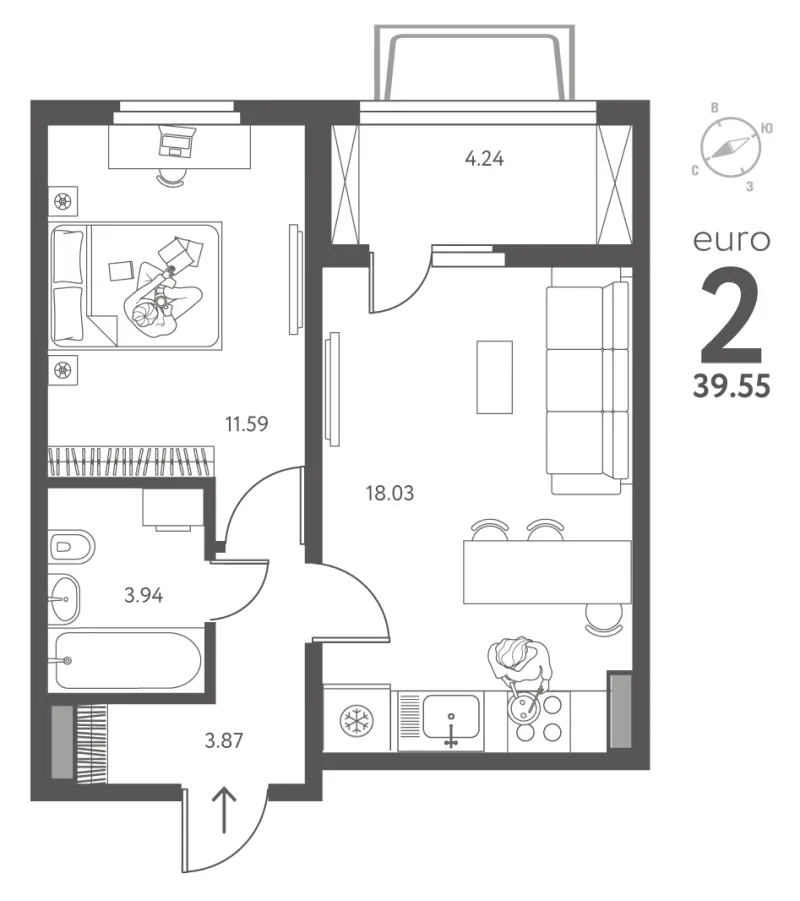 1-комн. 39.6 м²