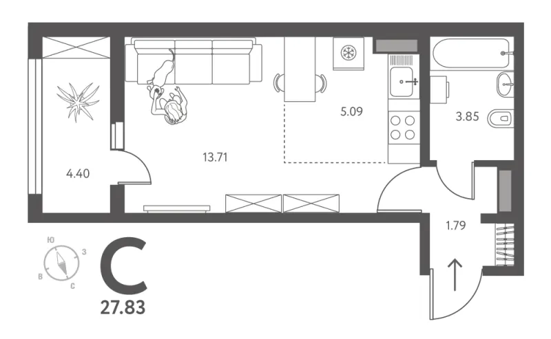 Студия 27.8 м²