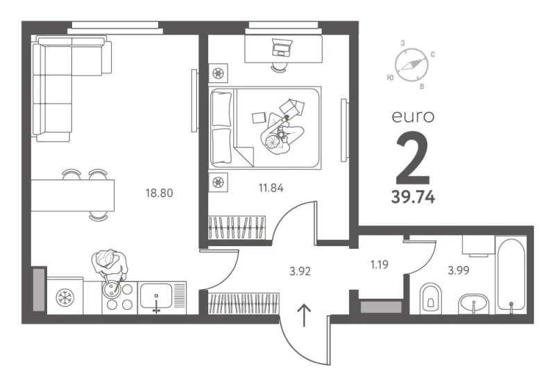 1-комн. 39.7 м²