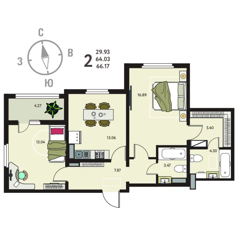 2-комн. 66.2 м²