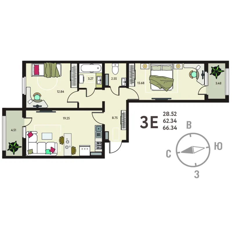 2-комн. 66.3 м²
