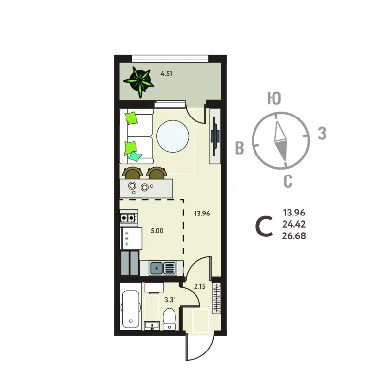 Студия 26.7 м²
