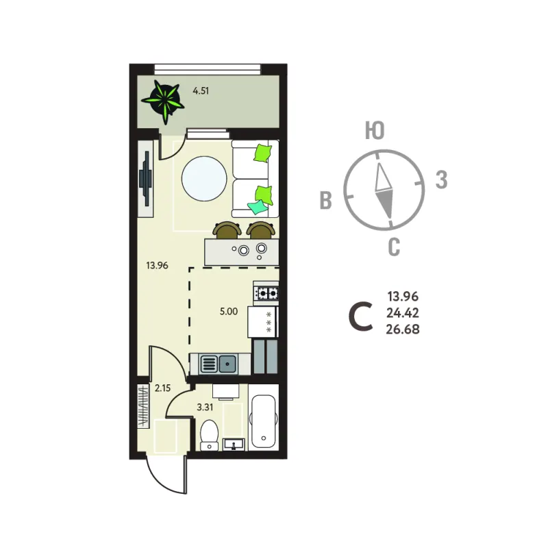 Студия 26.7 м²