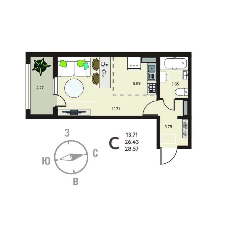 Студия 28.6 м²
