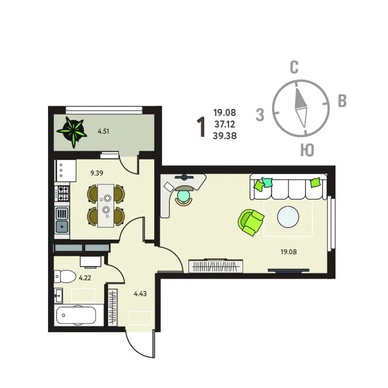 1-комн. 39.4 м²
