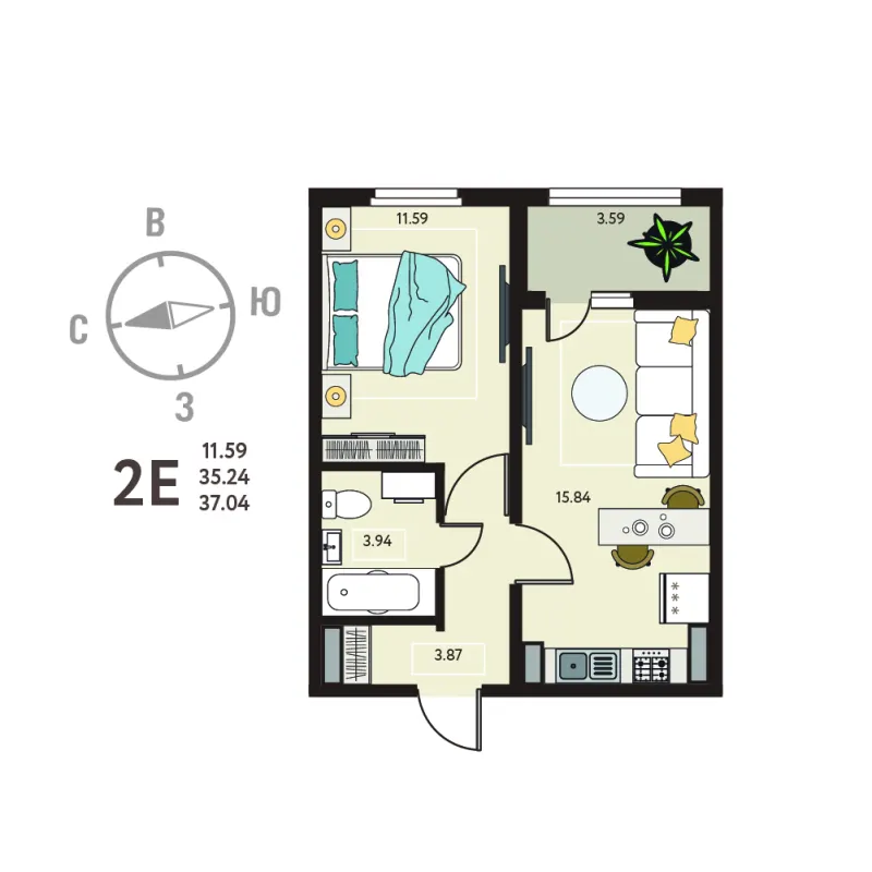 1-комн. 37 м²