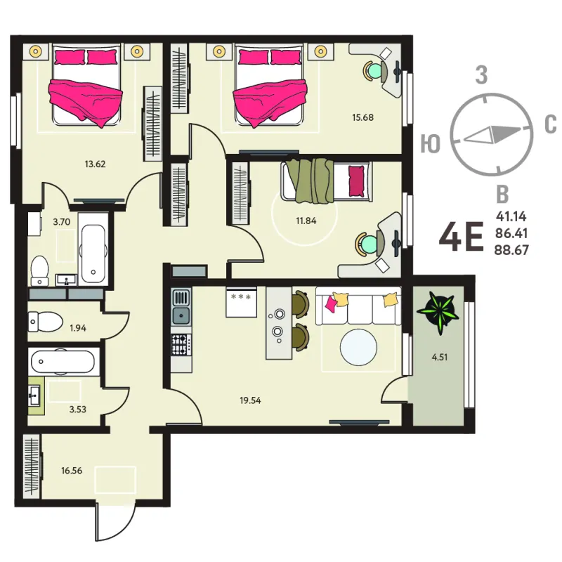 3-комн. 88.7 м²