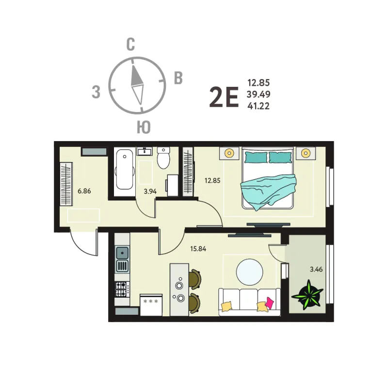 1-комн. 41.2 м²