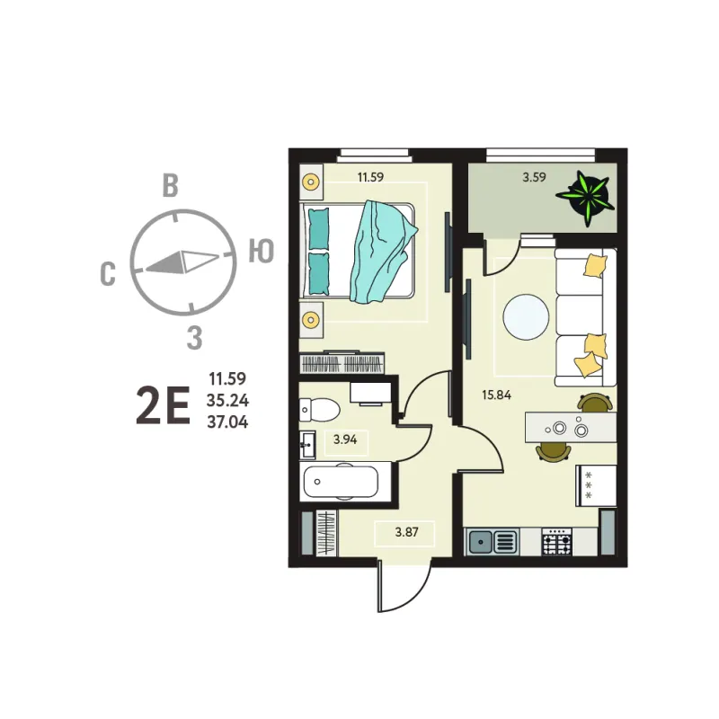 1-комн. 37 м²