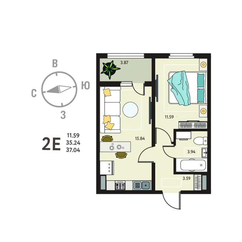 1-комн. 37 м²