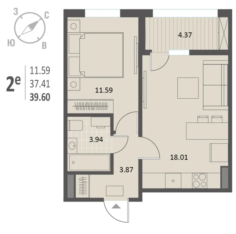 1-комн. 39.6 м²