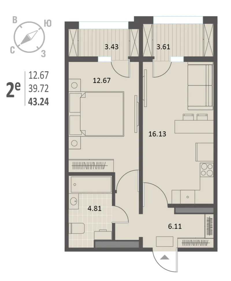 1-комн. 43.2 м²