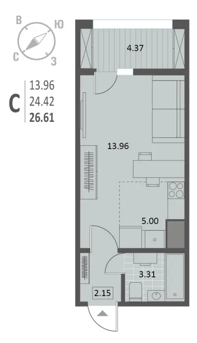 26,6 м² — планировка