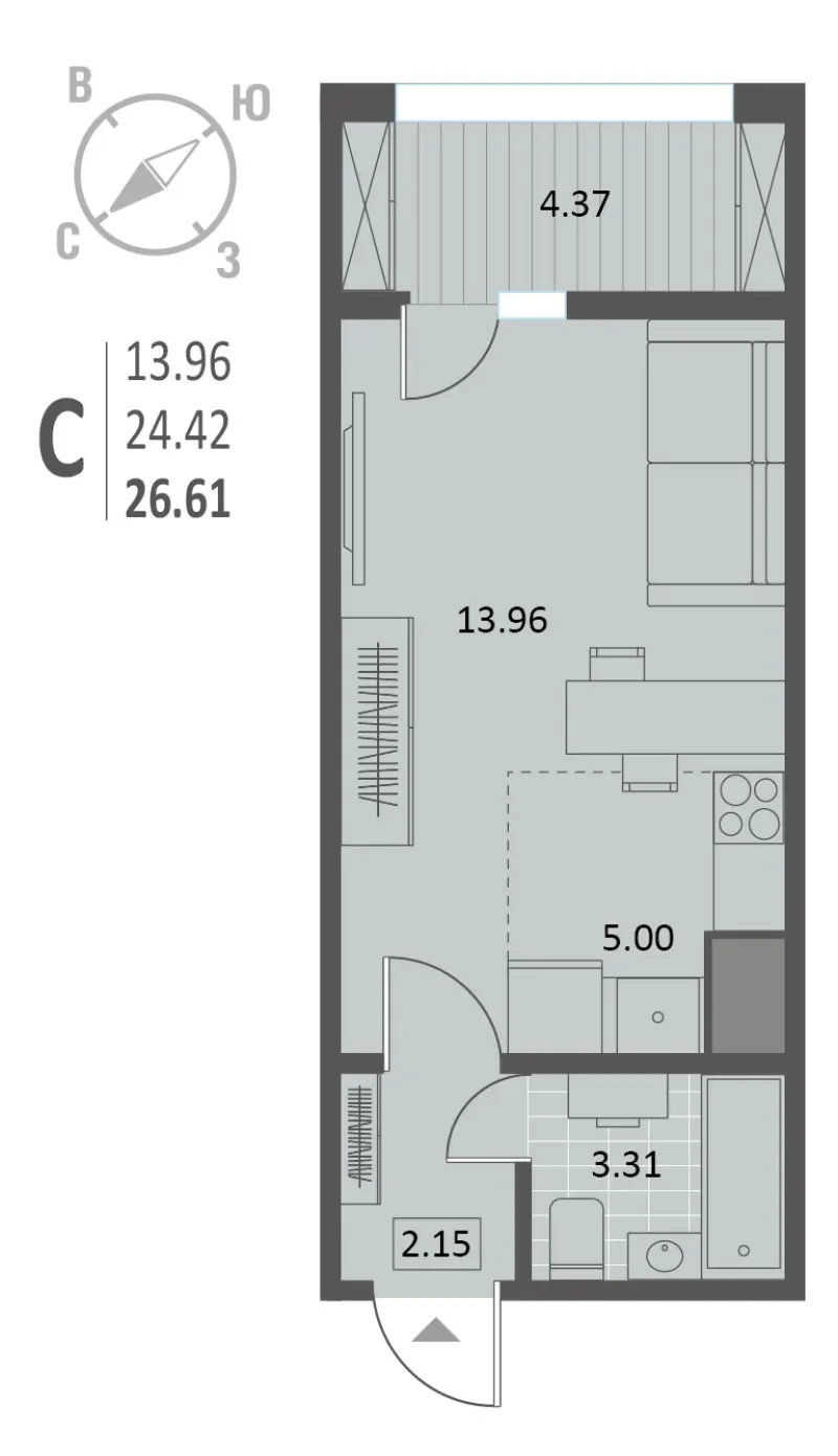 Студия 26.6 м²
