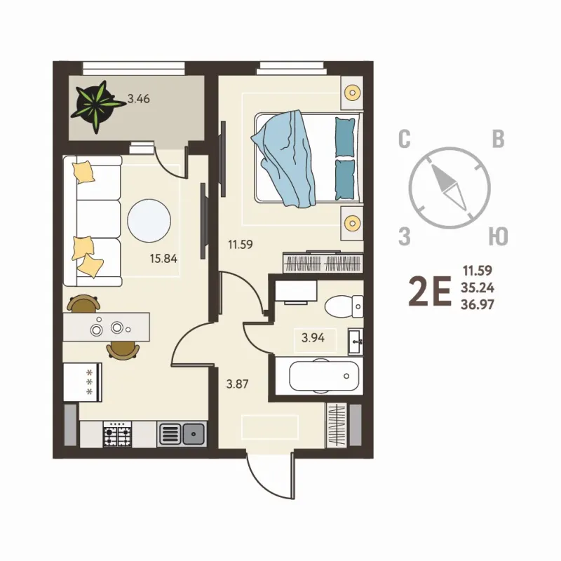 1-комн. 37 м²