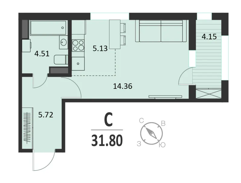 Студия 31.8 м²