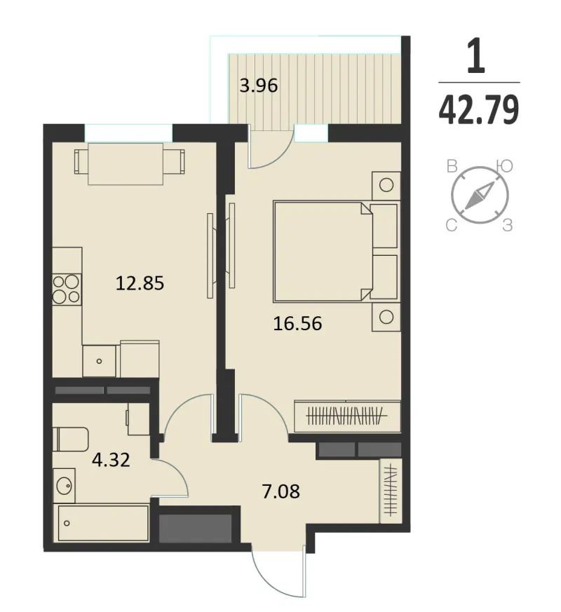 1-комн. 42.8 м²