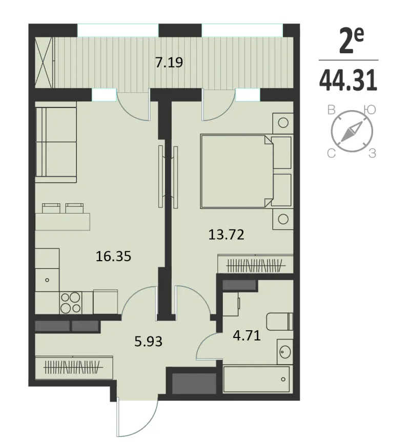 1-комн. 44.3 м²