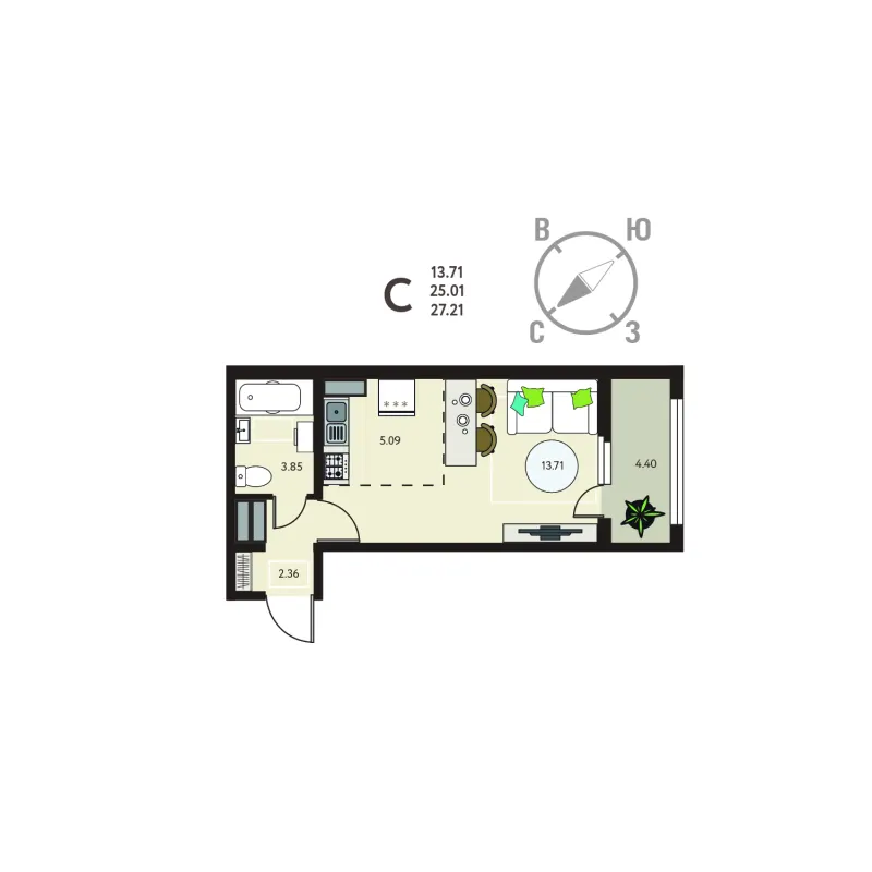 Студия 27.2 м²