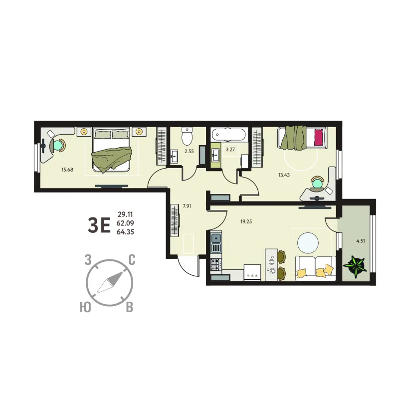 2-комн. 64.4 м²