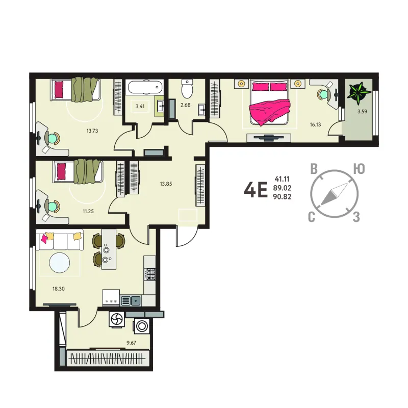 3-комн. 90.8 м²