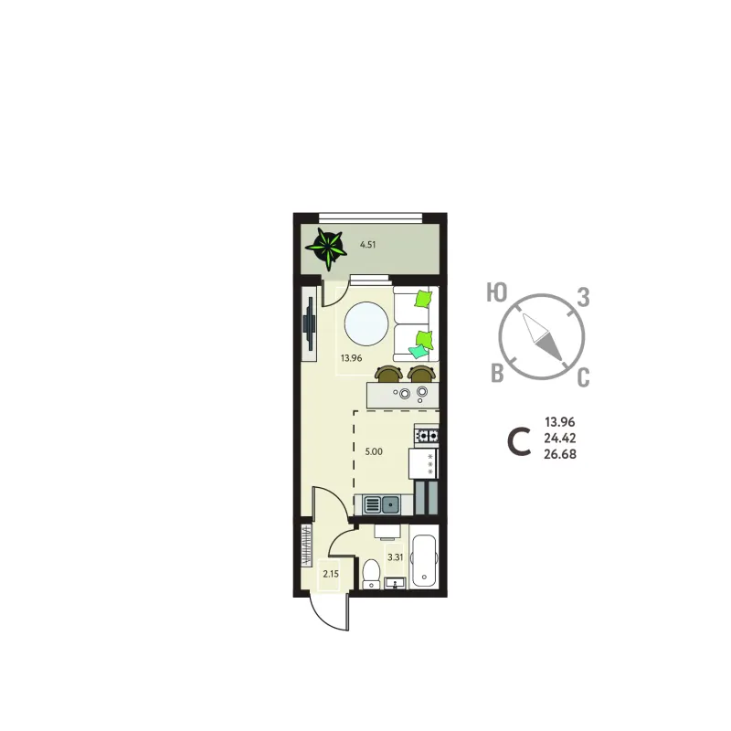 Студия 26.7 м²