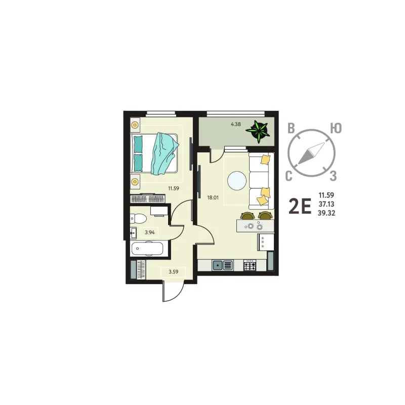 1-комн. 39.3 м²