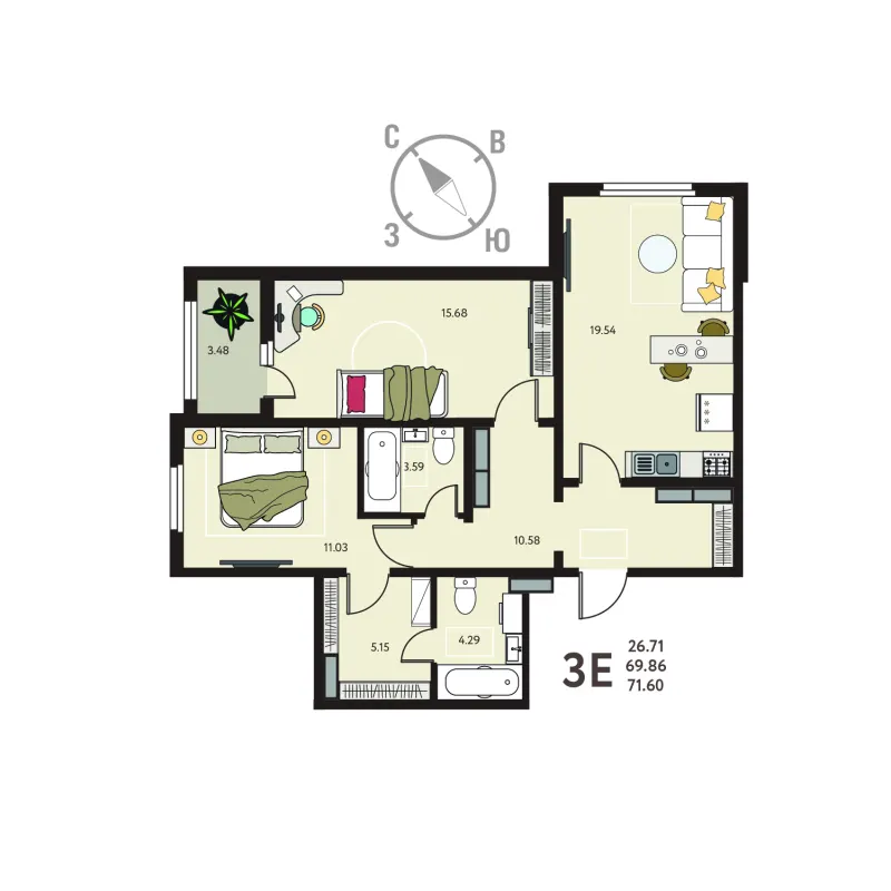 2-комн. 71.6 м²