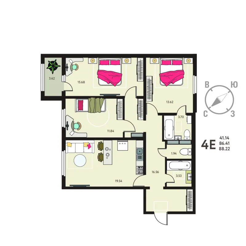3-комн. 88.2 м²