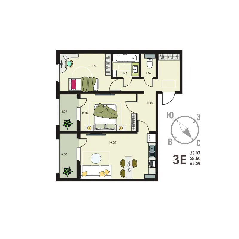 2-комн. 62.6 м²
