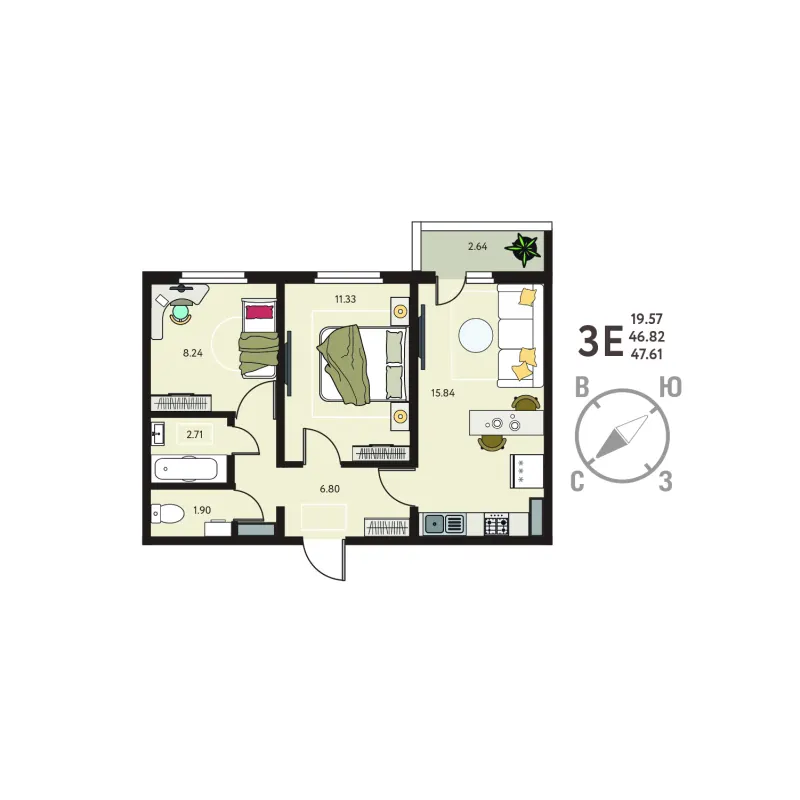 2-комн. 47.6 м²