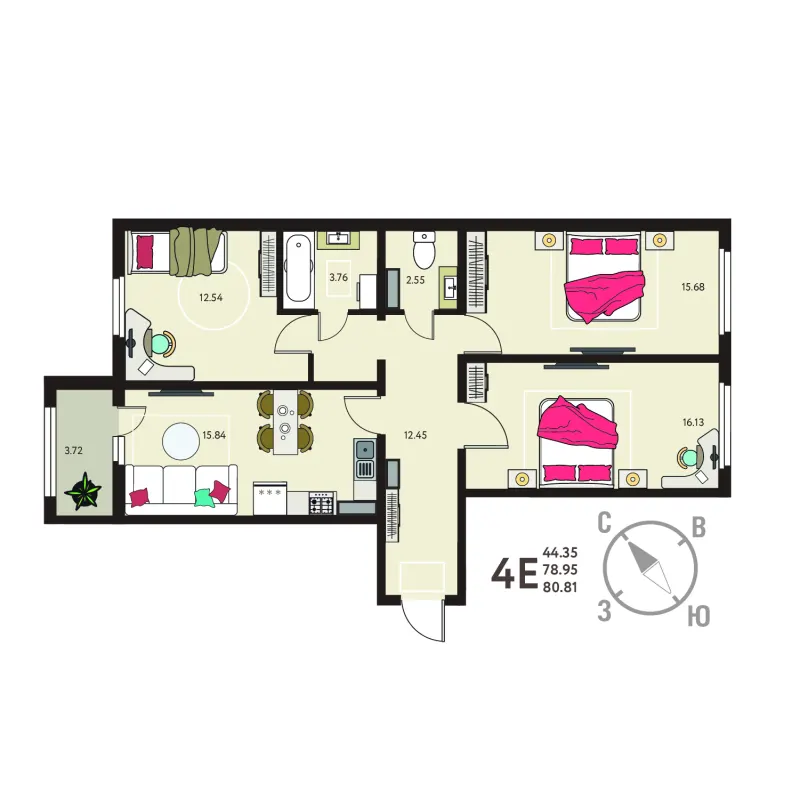 3-комн. 80.8 м²