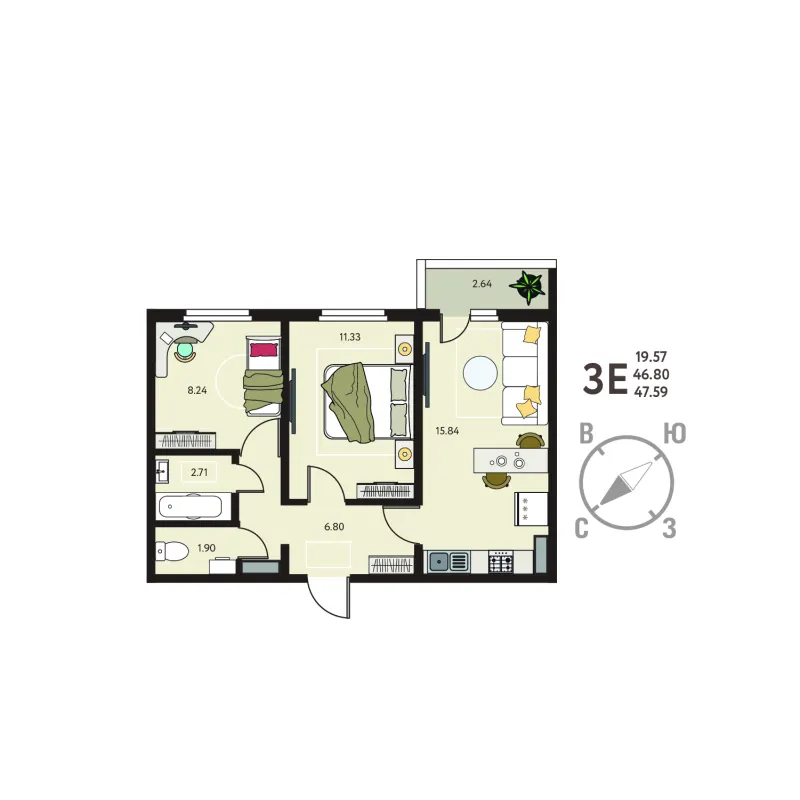 2-комн. 47.6 м²
