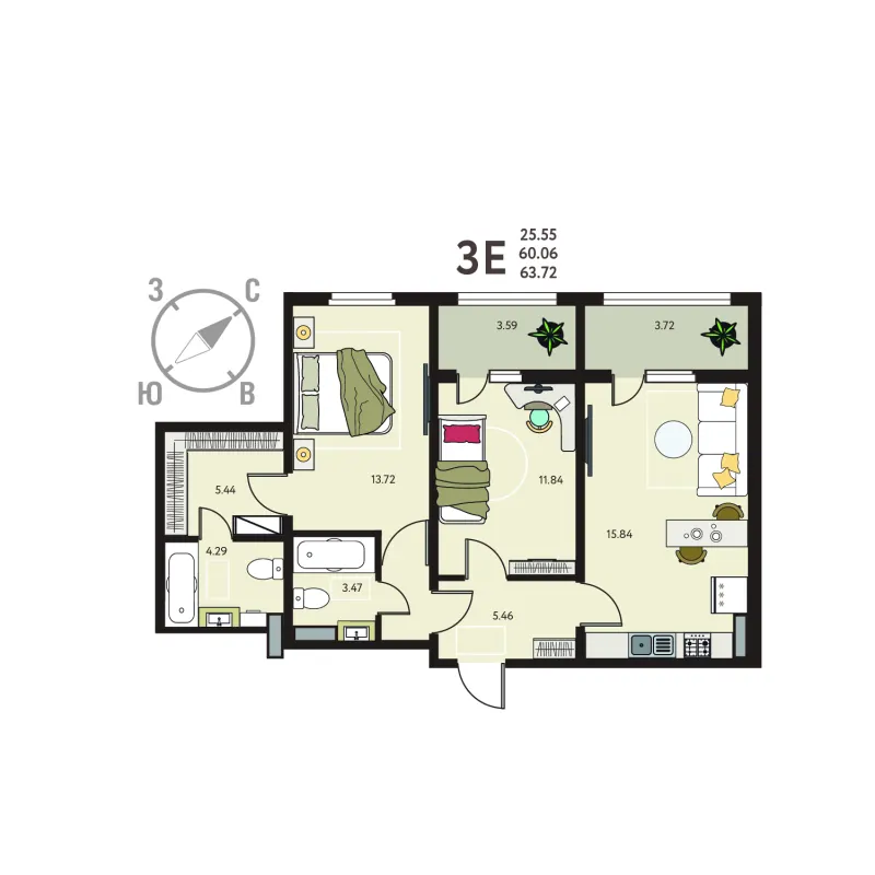 2-комн. 63.7 м²
