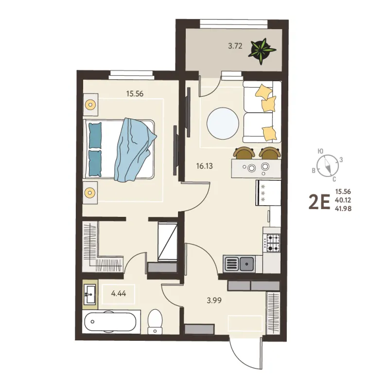 1-комн. 42 м²
