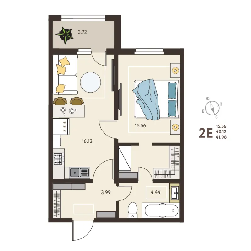 1-комн. 42 м²