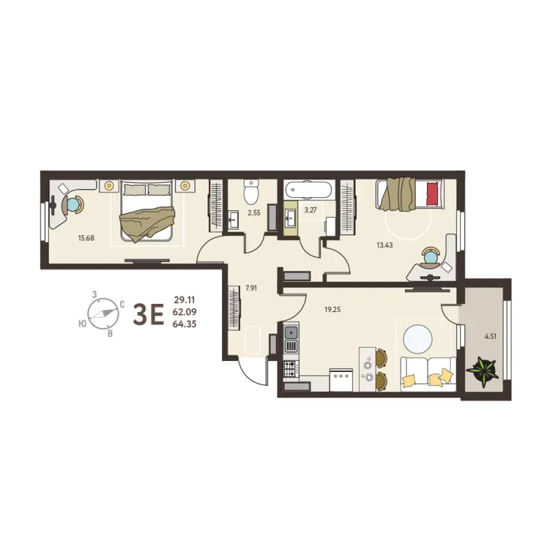 2-комн. 64.4 м²