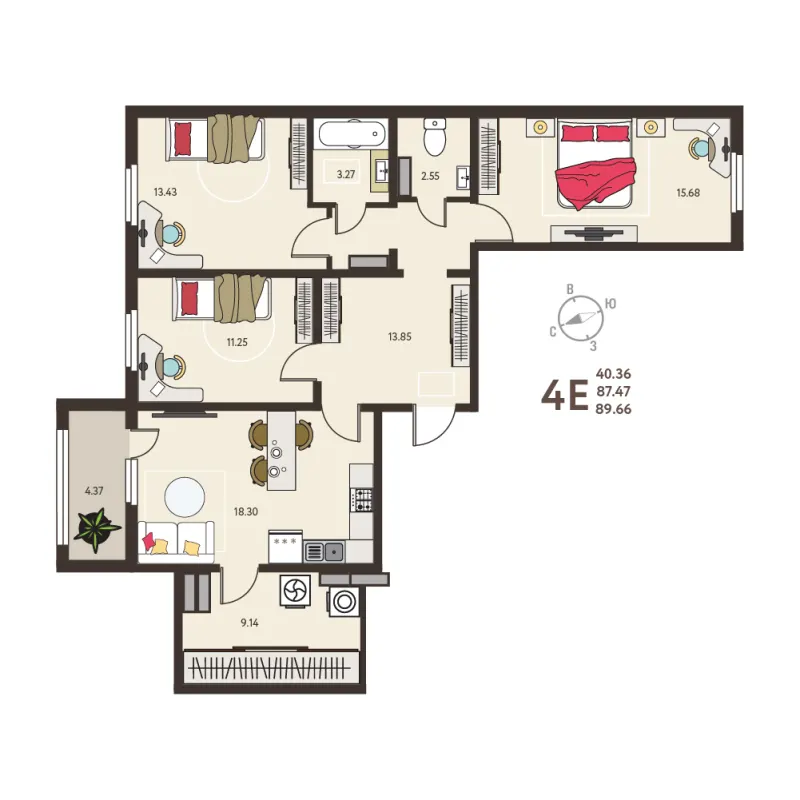 3-комн. 89.7 м²
