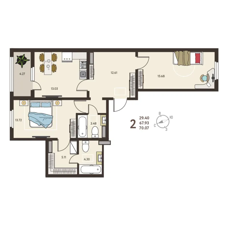 2-комн. 70.1 м²
