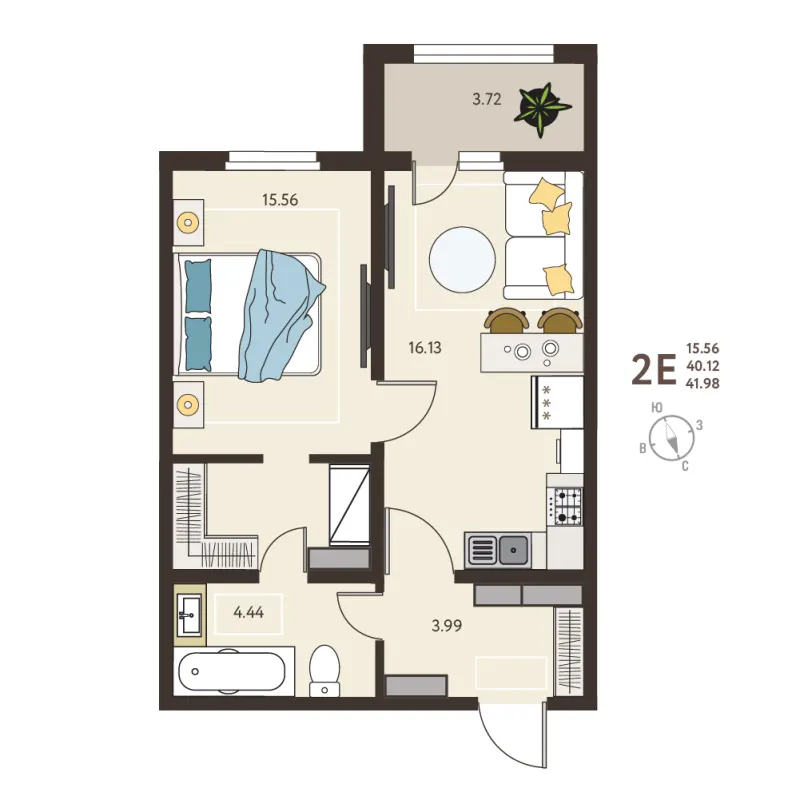 1-комн. 42 м²