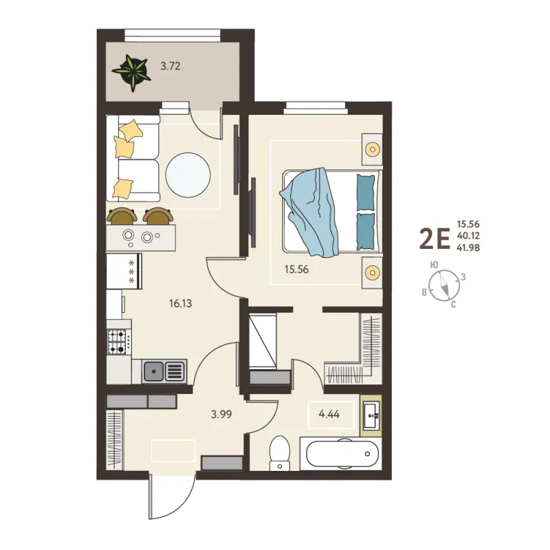 1-комн. 42 м²