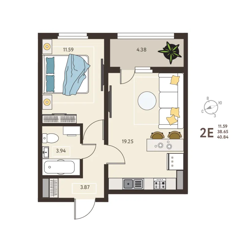 1-комн. 40.8 м²