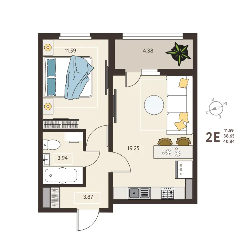 1-комн. 40.8 м²