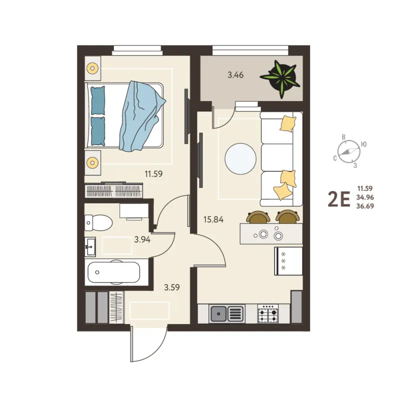 1-комн. 36.7 м²