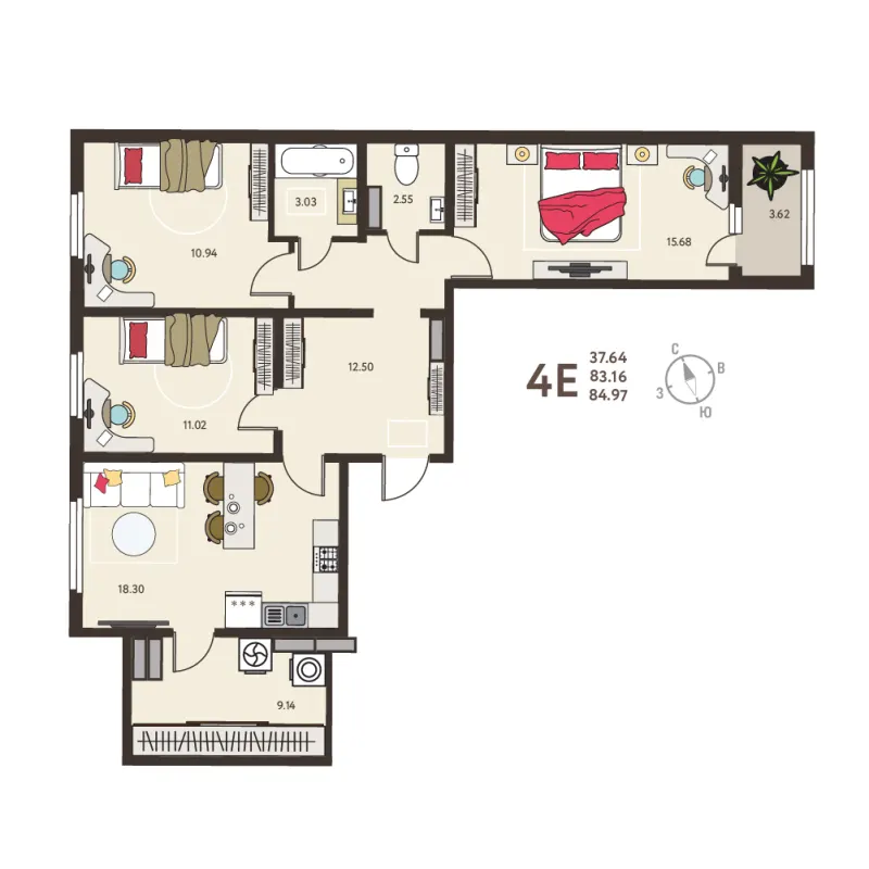3-комн. 85 м²