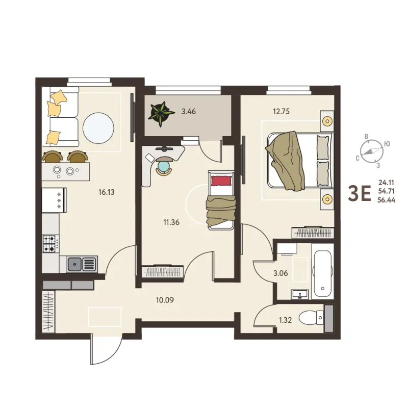 2-комн. 56.4 м²