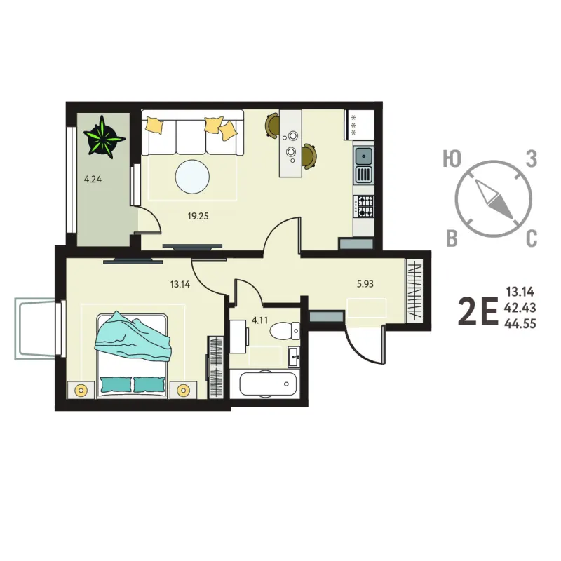 1-комн. 44.6 м²
