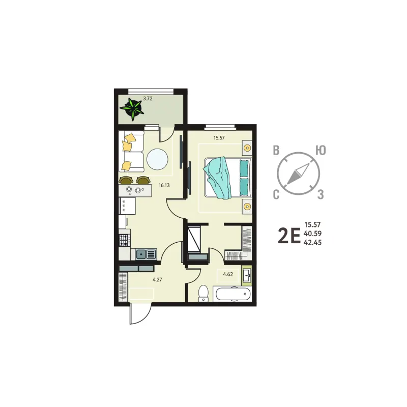 1-комн. 42.5 м²